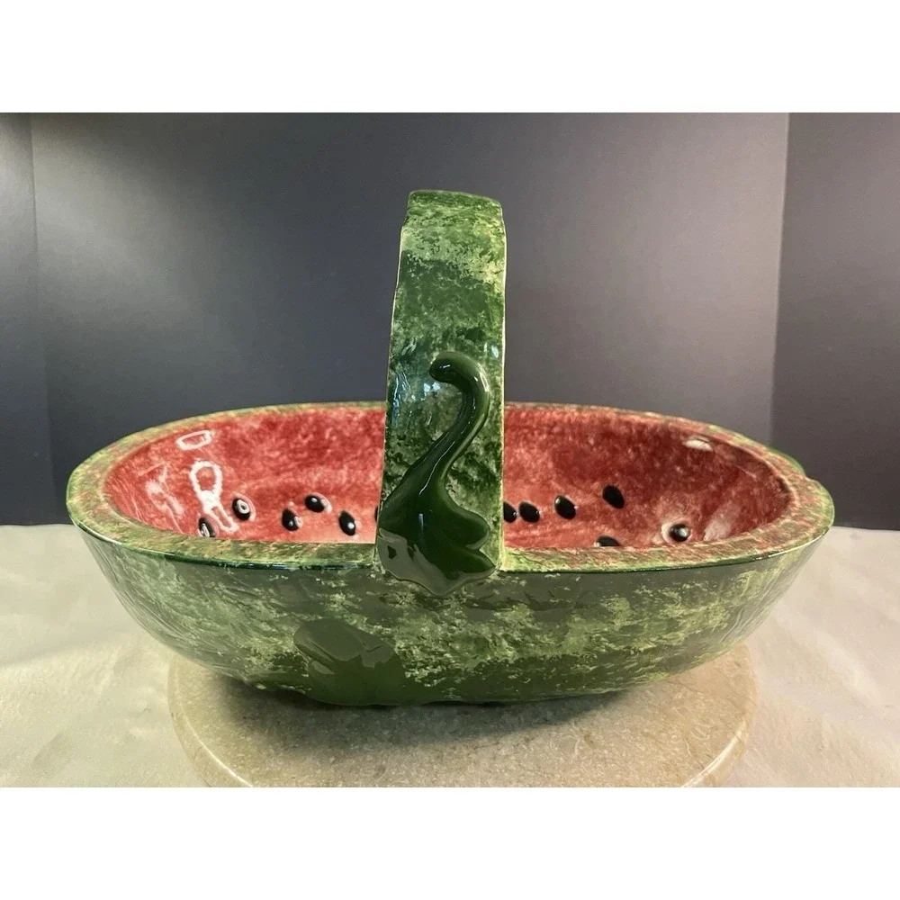 Beautiful 1970's Hand Painted Ceramic Watermelon Bowl With Handle Excellent Cond